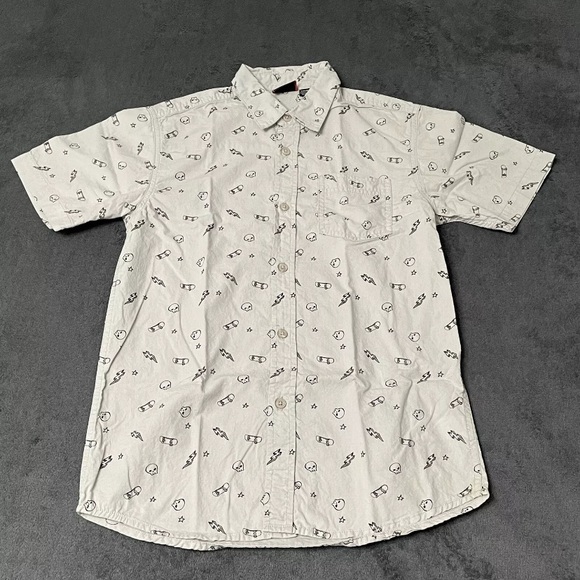 Fission Boy Shirt Kids L Button Up Short Sleeve Skull Skateboard Novelty Print - Picture 1 of 8